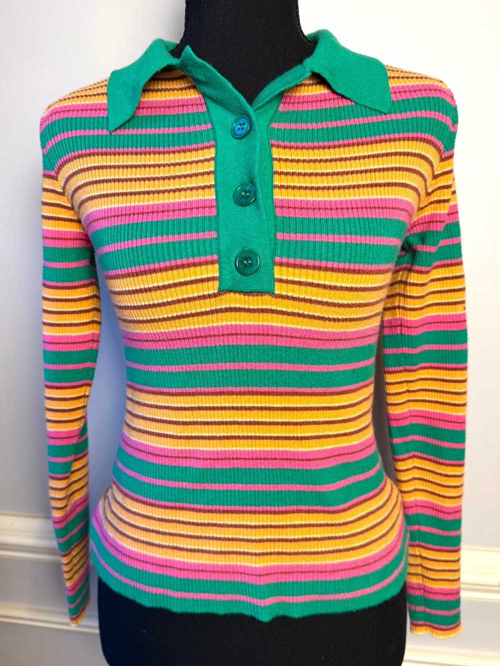 Pink Lily Retro Striped Rib Knit Polo Sweater Top Green Pink Yellow Y2K Preppy M
